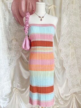 Pastel Striped Knit Strapless Y2K Barbiecore Bodycon Midi Dress